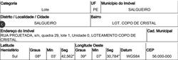 Terreno - Área total: 448 m² - Localizado(a): RUA PROJETADA, N. 00, QD 29, LT 01, , LOTEAMENTO COPO DE CRISTAL - SALGUEIRO/PE - CEP: 56000000 - N° IPTU: 12979 - MATRÍCULA: 8917 - OFICIO: 1